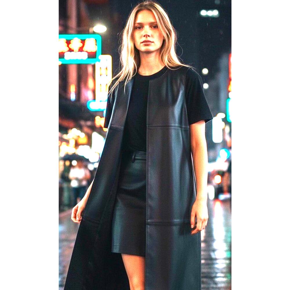 Black faux leather sleeveless Coat Vest Long Biker Steampunk Hipster Grunge S